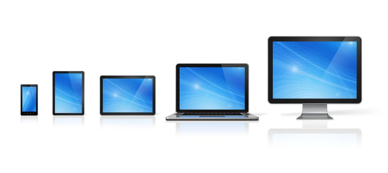 3D computer, laptop, mobile phone and digital tablet pc - isolated on white with clipping path