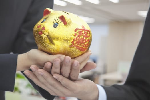 Holding Chinese Gold Piggy Bank