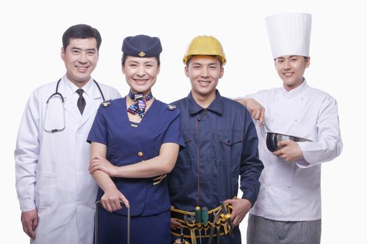 Portrait of Doctor, Air Stewardess, Construction Worker, and Chef- Studio Shot