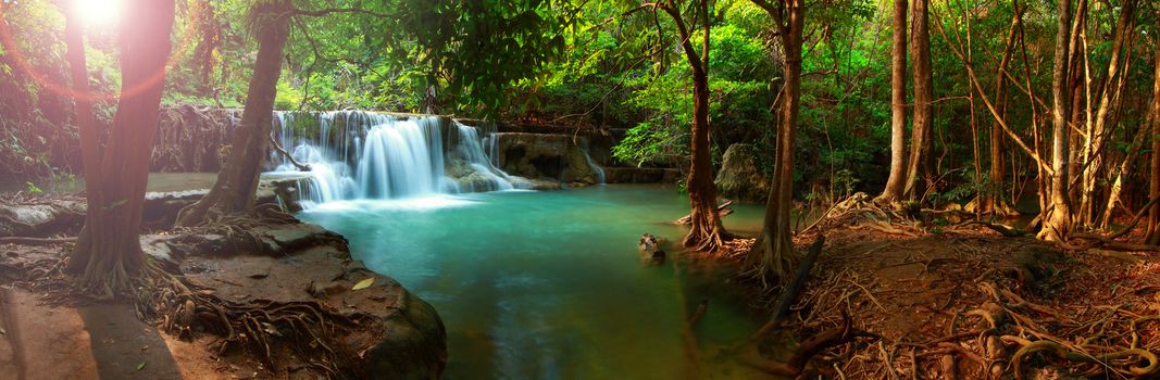 Huay mae kamin waterfall in Kanchanaburi, Thailand, Panorama