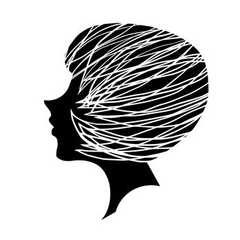 Профиль женщины с черными волосами. Logo for hair salon, beauty salon.