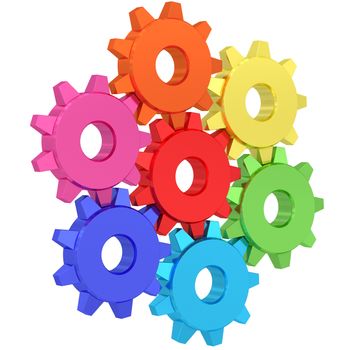 Colorful gear wheels isolated on white background. High resolution 3d image