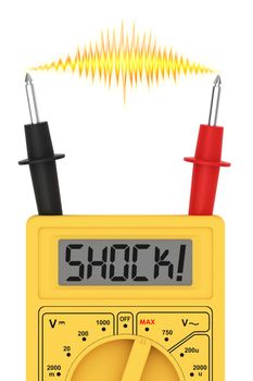 Digital multimeter with SHOCK! word on display and electric flash on probes isolated on white. High resolution 3D image