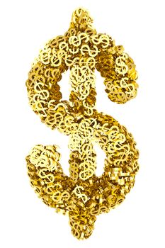 Big dollar sign composed of many golden small dollar signs on white background. High resolution 3d image