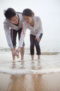 Young couple looking at seashells on the beach 