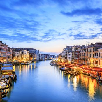 View of Grand Canal with gondolas at sunset, Venice