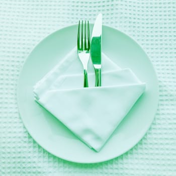 Fork and knife on plate, Color Retro Style.