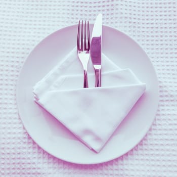 Fork and knife on plate, Color Retro Style.