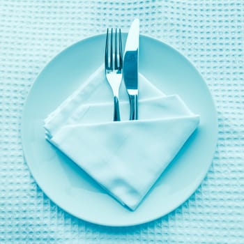 Fork and knife on plate, Color Retro Style.