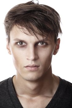 Mugshot of exhausted man on a white background