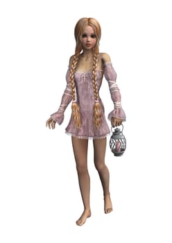 3D digital render of a beautiful blond girl with long hair holding a lantern isolated on white background