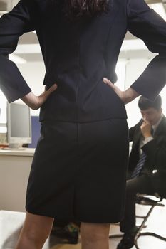 Rear view of businesswoman with her hands on hips confronting a coworker 
