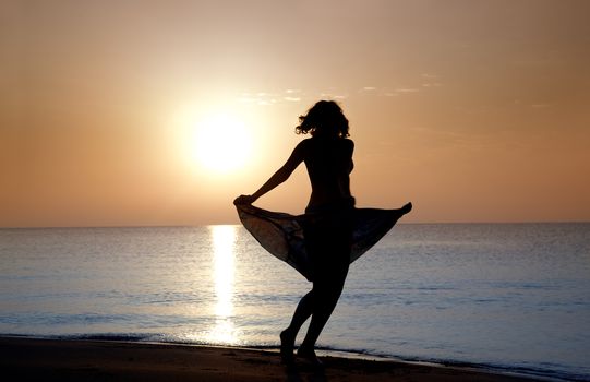 Silhouette of the woman in dress moving at the beach during sunset. Natural darnkess and colors