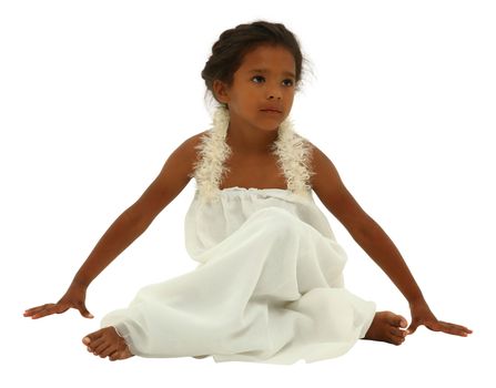 Beautiful black girl child in white angel dress with clipping path over white.