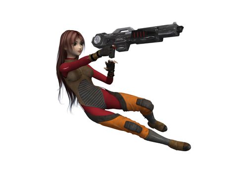 3D digital render of a female Super Hero holding a gun isolated on white background