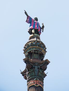 BARCELONA - JUNE 06: Columbus statue in Barcelona T-shirt of FC "Barcelona" on June 06, 2013, Barcelona, Spain