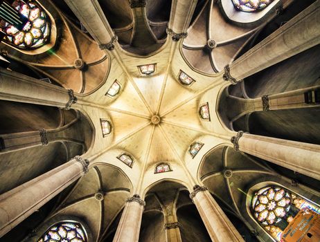 BARCELONA - JUNE 07: Interior of Temple Expiatori del Sagrat Cor on June 07, 2013 in Barcelona, Spain. The construction of the temple lasted from 1902 to 1961.