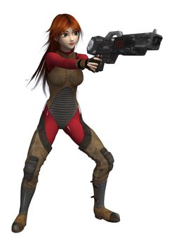 3D digital render of a female Super Hero holding a gun isolated on white background