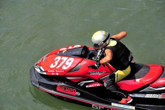Ales - France - on July 14th, 2013 - Championship of France of Jet Ski on the river Gardon. Sur la ligne de depart