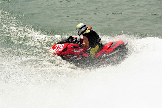 Ales - France - on July 14th, 2013 - Championship of France of Jet Ski on the river Gardon. Arrival in tight turn 