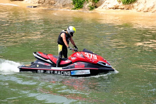 Ales - France - on July 14th, 2013 - Championship of France of Jet Ski on the river Gardon. Concentration before the race