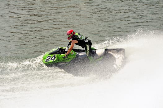 Ales - France - on July 14th, 2013 - Championship of France of Jet Ski on the river Gardon. Arrival in tight turn 