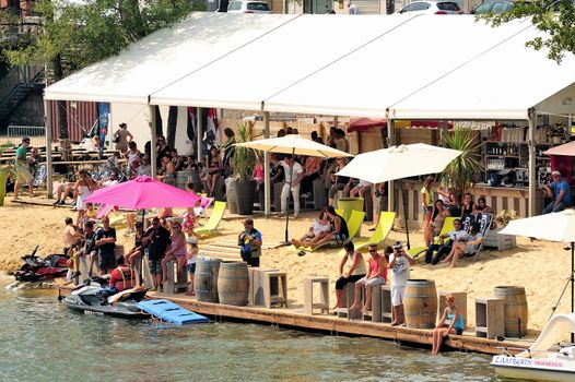 Ales - France - on July 14th, 2013 - Championship of France of Jet Ski on the river Gardon. The platform of the spectators and the pontoon of the judges of race on the Ales beach 