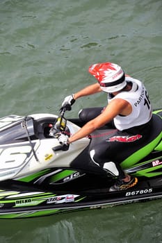 Ales - France - on July 14th, 2013 - Championship of France of Jet Ski on the river Gardon. Herv� Partouche before the departure of the race 