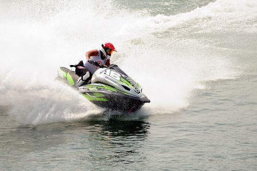 Ales - France - on July 14th, 2013 - Championship of France of Jet Ski on the river Gardon. Herv� Partouche in full speed on the finishing line