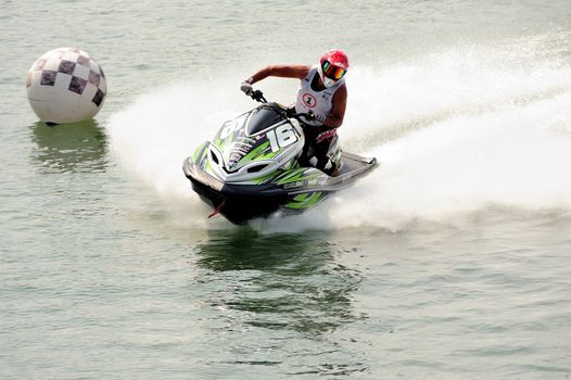 Ales - France - on July 14th, 2013 - Championship of France of Jet Ski on the river Gardon. Herv� Partouche in full speed on the finishing line