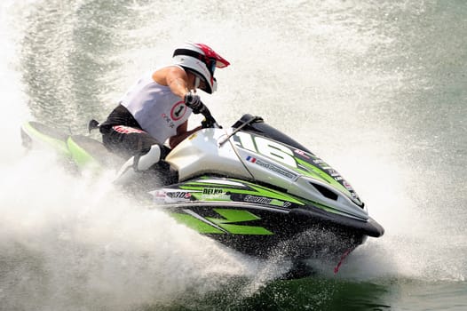 Ales - France - on July 14th, 2013 - Championship of France of Jet Ski on the river Gardon. Herv� Partouche stops his machine in a tight turn