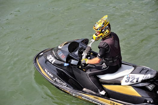 Ales - France - on July 14th, 2013 - Championship of France of Jet Ski on the river Gardon. Julien Cyril right before the departure of the race 