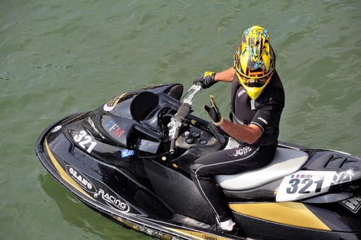 Ales - France - on July 14th, 2013 - Championship of France of Jet Ski on the river Gardon. Julien Cyril right before the departure of the race