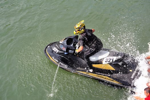 Ales - France - on July 14th, 2013 - Championship of France of Jet Ski on the river Gardon. Julien Cyril right before the departure of the race