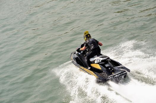 Ales - France - on July 14th, 2013 - Championship of France of Jet Ski on the river Gardon. Julien Cyril at the beginning of the race in full acceleration