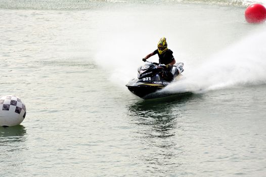 Ales - France - on July 14th, 2013 - Championship of France of Jet Ski on the river Gardon. Julien Cyril on the finishing line