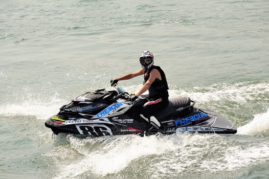 Ales - France - on July 14th, 2013 - Championship of France of Jet Ski on the river Gardon. Arrival in tight turn 