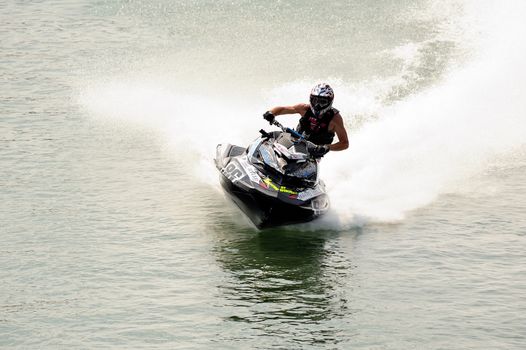 Ales - France - on July 14th, 2013 - Championship of France of Jet Ski on the river Gardon. J. Perez In full race