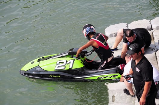 Ales - France - on July 14th, 2013 - Championship of France of Jet Ski on the river Gardon. preparing before the race