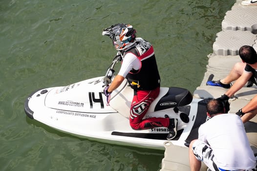 Ales - France - on July 14th, 2013 - Championship of France of Jet Ski on the river Gardon. preparing before the race