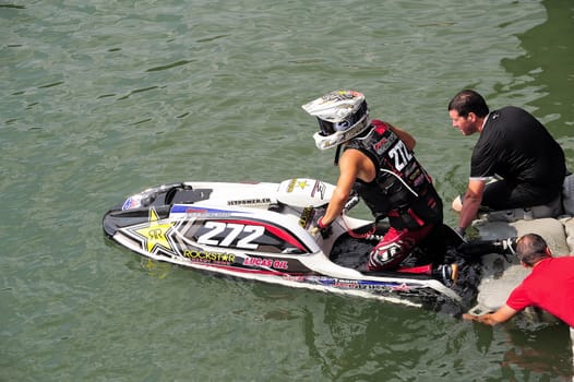 Ales - France - on July 14th, 2013 - Championship of France of Jet Ski on the river Gardon. preparing before the race