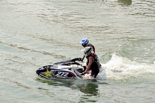 Ales - France - on July 14th, 2013 - Championship of France of Jet Ski on the river Gardon. preparing before the race