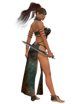 Isolated figure of a woman warrior ready for battle with a sword.