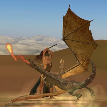 A warrior woman raises her sword to kill a fire breathing dragon.