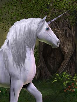 A unicorn buck prances in the magical forest full of beautiful flowers and trees.