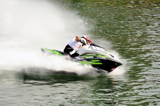 Ales - France - on July 14th, 2013 - Championship of France of Jet Ski on the river Gardon. Herve Partouche in a tight turn