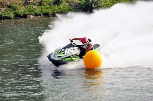 Ales - France - on July 14th, 2013 - Championship of France of Jet Ski on the river Gardon. Herve Partouche in a tight turn