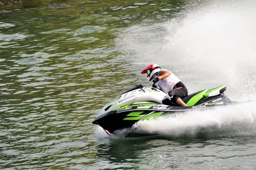 Ales - France - on July 14th, 2013 - Championship of France of Jet Ski on the river Gardon. Herve Partouche in a tight turn