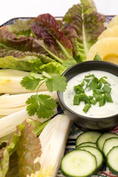 Asian food with sauce, cucumber, pineapples and salad.