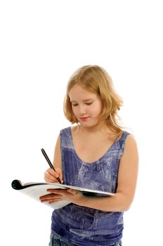 Blonde Girl Writing Down in Exercise Book on white background